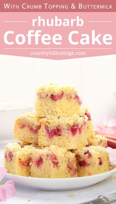 a stack of rhubarb crumb cake sitting on top of a white plate