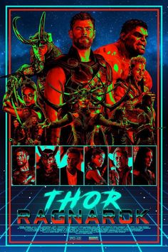 the poster for thor ragnark is shown in red and green colors, with an image of two men standing next to each other