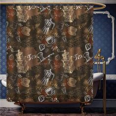 a shower curtain with coffee related items on it