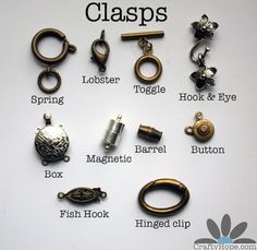 several different types of clasps and rings on a white surface with words describing them