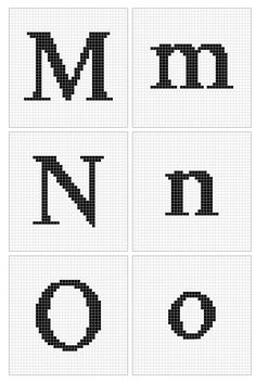 four cross stitch alphabets with the letters n, n, and o on them