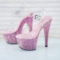 Bejeweled Collection 7" Heel,(17.75cm) 2 3/4" Platform (7cm)  Clear Upper Ankle Strap  Entire Platform Bottom Fully Encrusted w/Rhinestones Cushioned foot-bed for comfort  IN HOUSE STOCK READY TO SHIP Email us with any questions or Concerns BEFORE Placing Your Order. Last but not least, we want all of our customers HAPPY and to LOVE your new shoes! So if you have a problem, please let us know. YOU ARE IMPORTANT and we will do our best to fix what is wrong. THANK YOU FOR SHOPPING AT TWF.SHOES Ret Pleaser Heels, Pleaser Shoes, Fantastic Shoes, Platform High Heel Shoes, Strappy High Heels, You Are Important, Girly Shoes, Spike Heels, High Heel Boots Ankle