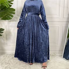 This beautiful pleated velvet dress is the perfect outfit for your next dinner, gathering, or party this fall winter season. Dinner Gathering, New Fashion Clothes, Islamic Dress, Muslim Hijab, Muslim Dress, Abaya Dress, Velvet Material, Couple Outfits, Elegant Outfit