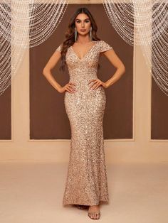 Champagne  Collar Cap Sleeve Sequins Plain Bodycon Embellished Slight Stretch  Weddings & Events Prom Evening Dresses, Colorful Dresses Formal, Sequin Formal Dress, Womens Prom Dresses, Plunging Neck, Formal Dresses For Women, Formal Evening Dresses, Evening Dresses Prom, Prom Dresses Long