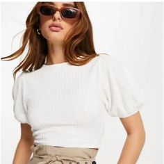 Topshop Open Back Crinkle Puff Sleeve Tie Back Crop Top Cream S 4-6 Chic White Blouse With Crinkle Texture, Textured Puff Sleeve Tops For Summer, Textured Puff Sleeve Summer Tops, Trendy Textured Tops For Spring, Summer Textured Puff Sleeve Tops, White Crinkle Texture Blouse, White Textured Tops For Spring, White Textured Top For Spring, White Textured Spring Top