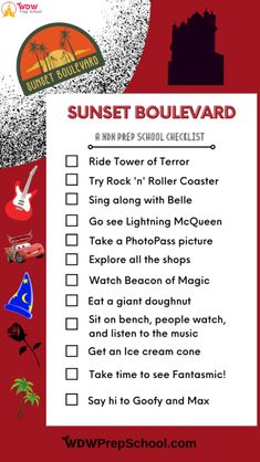 a red poster with the words sunset boulevard and an image of palm trees on it