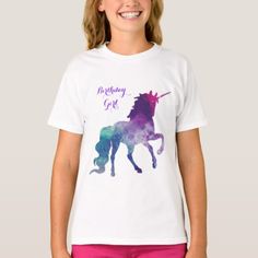 Unicorn Watercolor Silhouette | Birthday Girl T-Shirt - pink gifts style ideas cyo unique Girls White T Shirt, Purple Names, Unicorn Watercolor, Watercolor Silhouette, Cute Narwhal, Top Gifts For Kids, Birthday Girl T Shirt, Unicorn Room, Birthday T Shirts