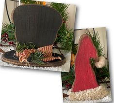 two pictures of an old fashioned chair with christmas decorations on it, and one has a santa's hat