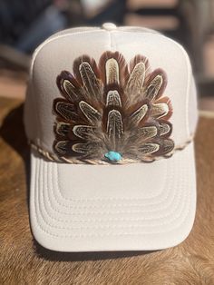 Beautiful pheasant feathered trucker hat in TAN.  Handmade embellishment on a 5 Panel, Otto  foam front Trucker Hat. Country Concerts Western Attire Rodeos Girls night out Boho cowgirl indie Stagecoach Outfit summer hat Beach hat Trucker Hat Country, Girls In Caps, Stagecoach Outfit, Hat Bar, Rodeo Girls, Summer Hats Beach, Boho Cowgirl, Country Concerts, Summer Hat