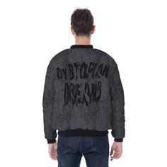 Designed to look like distressed, grungy denim with shattered text at the back that reads Dystopian Dreams. Add a little zing to your wardrobe with this new and improved design Bomber Jacket. Wear it over a basic t-shirt, or layer it on top of a warm hoodie -- it'll look great either way. With a relaxed unisex fit and sizes up to 5XL, this Bomber Jacket is just the stuff of the dreams, so be quick to grab yourself one! This jacket is a great addition to any Cyberpunk, Cybergoth or Cyber Academia Urban Ripped Outerwear For Streetwear, Ripped Denim Jacket For Streetwear, Ripped Denim Jacket For Urban Streetwear, Ripped Denim Jacket For Streetwear In Grunge Style, Grunge Distressed Denim Jacket For Streetwear, Punk Distressed Denim Jacket For Streetwear, Distressed Grunge Denim Jacket For Streetwear, Edgy Distressed Denim Jacket For Alternative Fashion, Distressed Denim Jacket For Punk Streetwear