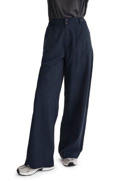 Made of a drapey Tencel® lyocell, cotton and linen blend, these straight-leg pants have sailor-inspired button tabs at the pleated high waist. A cool pick for your back-in-the-office needs. 29" inseam; 23" leg opening; 12" front rise; 14" back rise (size 8)   48% Tencel lyocell, 33% cotton, 19% linen   Tencel lyocell is a sustainably produced fiber made with closed-loop processing   Machine wash, tumble dry   Imported Spring Wide Leg Relaxed Fit Chinos, Chic Wide Leg Summer Chinos, Summer Relaxed Fit High-waisted Chinos, Classic Cotton Wide Leg Pants For Summer, Summer Wide Leg Chinos With Welt Pockets, Summer Chinos With Wide Leg And Welt Pockets, Solid Cotton Wide Leg Pants For Work, Solid Color Wide Leg Cotton Pants For Work, High Waist Cotton Chinos For Business Casual