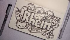 the word ren is surrounded by doodles and other things to draw on a piece of paper