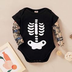 Baby Tattoo Sleeve T-Shirt, Skeleton Design Size:9-12 Months New Black Tops With Cartoon Print For Playtime, Black Cartoon Print Tops For Playtime, Unisex Black Tops With Skull Print, Baby Tattoo, Boden Boys, Floral Turtleneck, Peanuts T Shirts, Goth Baby, Skeleton Design