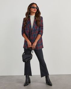 Warm up with this wear-now, versatile style. The Jettie Plaid Blazer comes double breasted in a slightly oversized fit with inner lining, faux flap pockets and front button closures. Wear it over knit tops and with jeans or a skirt. Slightly oversized Notched lapel Plaid print Faux flap pockets Button closures Self: 98% Polyester 2% Spandex, Lining: 100% Polyester Casual Double-breasted Blazer With Pockets, Fall Workwear Blazer With Buttoned Pockets, Chic Double-breasted Outerwear With Flap Pockets, Fall Blazer With Pockets, Casual Fall Blazer With Flap Pockets, Double-breasted Blazer With Pockets For Fall, Fall Double-breasted Blazer With Button Fastening, Fall Notch Lapel Double-breasted Blazer, Casual Double-breasted Fall Blazer