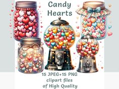 three glass jars filled with candy hearts next to each other