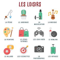 a poster with different types of items in french and english language, including an image of a