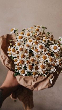 a woman holding a bouquet of daisies in her hand