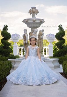 Blue Couture Dress, Dresses With Corsets, Blue Couture, Big Dresses, Girl Princess Dress, Dress Order, Embroidery Lace, Chantilly Lace, Flower Girl Dress