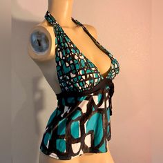 Lovely Tankini Top By Dnky Donna Karan Of New York Features A Tribal Abstract Print In Jade Green, White, Black And Brown. Banded Side Tie Halter With Pads And Shirred Elastic At Top Front Of Halter Tie. Nwt Retail $72 Sizes S & P(Xs) Sleeveless Black Tankini With Tie Back, Chic Fitted One-piece Halter Top, Chic Printed Fitted Halter Top, Chic Fitted Printed Halter Top, Chic Fitted Tankini With Triangle Top, Chic Fitted Triangle Top Tankini, 2000s Fits, Swimsuit Tankini, 2000s Clothes