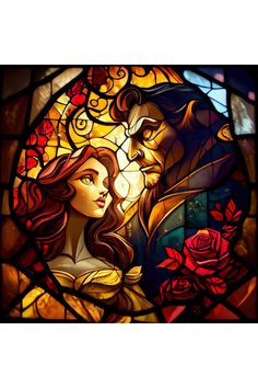 a stained glass window with an image of beauty and the beast