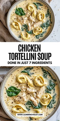 chicken tortellini soup in a bowl with spinach leaves and cheese on top