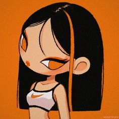 a drawing of a girl with long hair and orange eyes, wearing a white bra