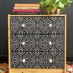 a black and white patterned cabinet next to a potted plant on top of a rug