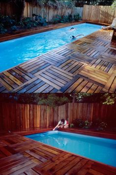 a woman is sitting in the middle of a pool with wooden decking around it