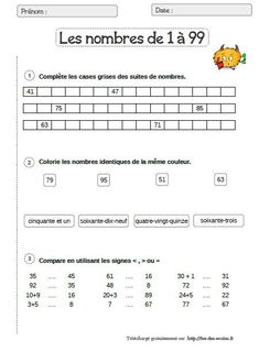 a worksheet with numbers in french