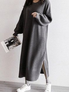 Knitted Dresses, Loose Long Sleeve, Oversize Women, Womens Knit Dresses, Long Sleeve Sweater Dress, Cardigan Fashion, Fashion Seasons, Side Split, Winter Fashion Outfits