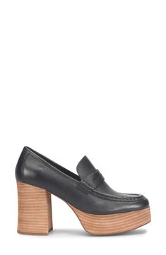 A classic penny keeper and loafer-inspired topline enrich a contemporary leather pump set on a stacked platform and block heel. 3 1/2" heel; 1 1/4" platform Cushioned footbed Leather upper/textile lining/rubber sole Imported Elegant Platform Loafers With Stacked Heel, Elegant Platform Loafers With Stacked Heel And Round Toe, Office Platform Loafers With Stacked Block Heel, Office Platform Loafers With Stacked Heel, Block Heel Loafers With Deep Heel Cup For Work, Workwear Loafers With Deep Heel Cup And Block Heel, Workwear Loafers With Block Heel And Deep Heel Cup, Classic Platform Loafers With Block Heel For Work, Chic Platform Loafers With Stacked Heel For Work