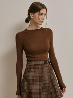 Brown Puff Sleeve Sweater, Brown Skirt With Tights, Cozy Brown Outfit, Brown Skirt Black Tights, Brown Turtleneck Sweater For Work, Fitted Sweater For Business Casual Fall, Chocolate Brown Fashion, Brown Wool Sweater For Spring, Spring Brown Wool Sweater