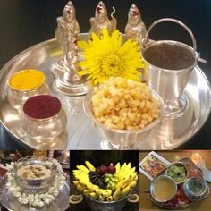 several pictures of different foods and drinks on a silver platter with flowers in the middle