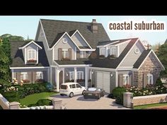 this is an artist's rendering of a coastal suburban home with two cars parked in the driveway