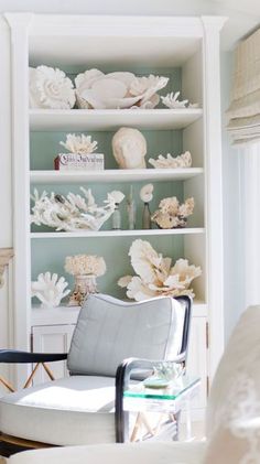 a white chair sitting in front of a book shelf filled with seashells