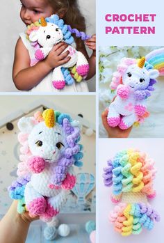 crochet unicorn stuffed animal with rainbow manes