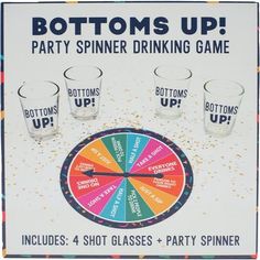 a party spiner drinking game with 4 shot glasses on the front and four shots in the back