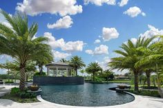 a large pool surrounded by palm trees under a blue sky with white clouds in the background