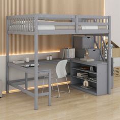 a loft bed with desk underneath it in a room that has wood floors and beige walls