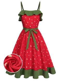 Red 1950s Strawberry Ruffle Belt Dress Strawberry Stuff, Strawberry Outfit, Short Knit Dress, Answer The Phone, Retro Stage, Strawberry Dress, Standard Dress, Dress Retro, Belt Dress