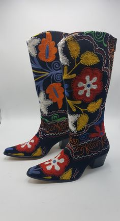 Handembroidery genuine leather suzani boots are very useful and healty. Made with genuine leather, suzani embroidered velvet, ykk zipper.  There is every size is available, 6 us to 11 us, 36 to 43 eu. #suzaniboots #cowboyboots #womenboots #kneehighboots #festivalboots #bohostyle #westernboots #countrystyle #giftforher Traditional Embroidered Boots For Fall, Traditional Embroidered Fall Boots, Traditional Embroidered Boots For Festival, Traditional Embroidered Festival Boots, Traditional Fitted Boots With Floral Embroidery, Traditional Multicolor Embroidered Boots, Traditional Boots For Festival, Traditional Multicolor Boots With Round Toe, Traditional Embroidered Leather Boots