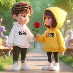 a boy and girl are holding roses in the park