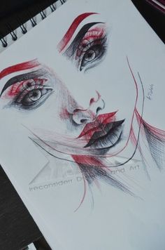 a drawing of a woman's face with red and black lines on her eyes