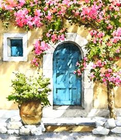 a painting of a blue door surrounded by pink flowers