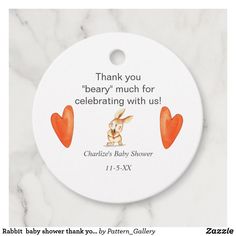 a baby shower tag with an image of two hearts and the words thank you, beary much for celebrating with us