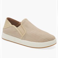 Olukai Ki‘ihele Women’s Slip-On Sneakers New Without Tags Or Box Size 7.5 Beige Leather Upper Slip-ons With Rubber Sole, Spring Beige Slip-on Sneakers With Rubber Sole, Beige Slip-on Sneakers For Everyday, White Textile Slip-ons With Round Toe, Cream Slip-ons With Rubber Sole, Casual Cream Sneakers With Removable Insole, Beige Comfortable Slip-on Sneakers With Round Toe, Beige Slip-on Sneakers With Textured Sole For Summer, Beige Walking Shoes With Rubber Sole