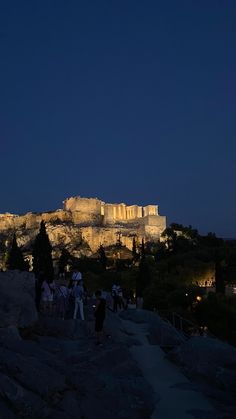 people are standing on the side of a hill at night with an illuminated castle in the background