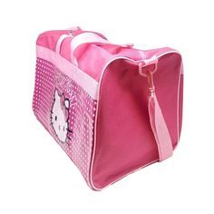 Fun and functional, this duffle bag packs style with the face of Sanrio's Hello Kitty! Measuring approximately 18"W x 11"H x 10"D, this smart storage solution includes a main compartment with a zippered closure and two side mesh pockets. Comes complete with a long, adjustable, removable, shoulder strap. Perfect for long road trips, flights, boat rides, and more! Officially licensed. Pink Rectangular Duffle Bag For School, Pink School Duffle Bag With Zipper Closure, Bag Packs, Pink Duffle Bag, Luggage Shop, Hello Kitty Pink, Spinner Suitcase, Carry On Suitcase, American Tourister