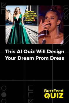 a woman in a green dress with the words, this quiz will design your dream prom dress