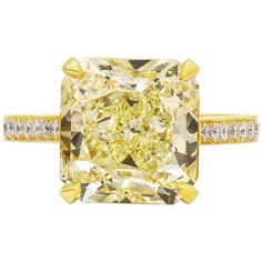 Timeless and classic pave engagement ring showcasing a vibrant 8.07 carat radiant cut diamond certified by GIA as fancy yellow color, VS1 in clarity, set in a four prong 18k yellow gold basket. Accented by 60 pieces of brilliant round diamonds weighing 1.20 carat total, set in the gallery and shank in a half eternity channel setting. Roman Malakov is a custom house, specializing in creating anything you can imagine. If you would like to receive a special quote on a custom piece please message or Fancy Yellow Diamond Ring, Radiant Cut Diamond Engagement Rings, Radiant Cut Rings, Yellow Diamond Ring, Yellow Diamonds Engagement, Yellow Diamond Engagement Ring, Radiant Cut Engagement Rings, Contemporary Engagement Rings, Yellow Diamond Rings